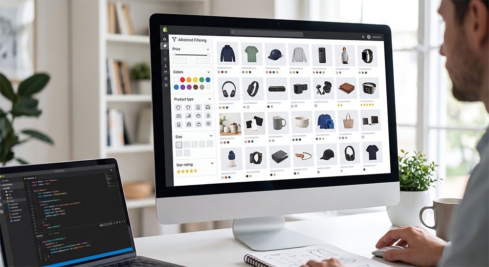 Designer reviewing interface layouts and colour swatches
